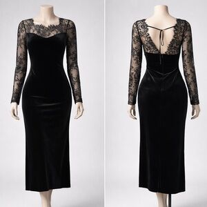 Black Velvet Lace Illusion Long Sleeve Evening Dress